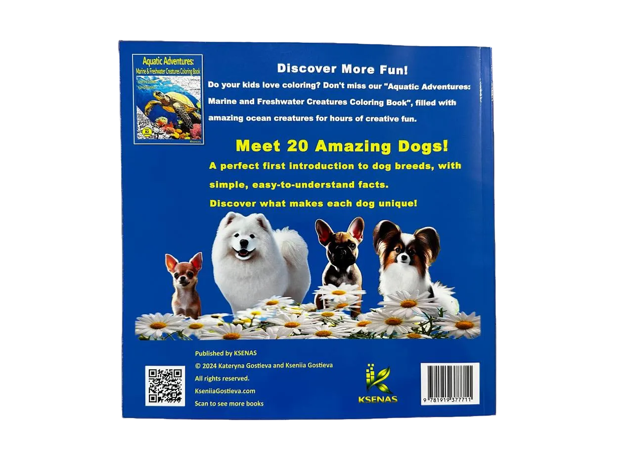Back cover of children’s dog picture book with colorful dog illustrations and book series information