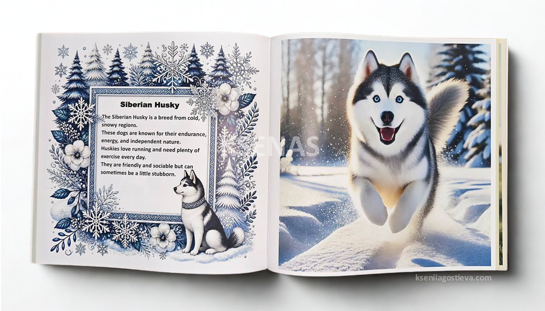 Preview page from 20 Dogs for Kids book featuring a Siberian Husky dog breed