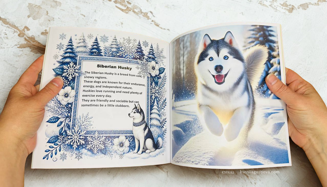 Person holding 20 Dogs for Kids book open to a Siberian Husky breed page